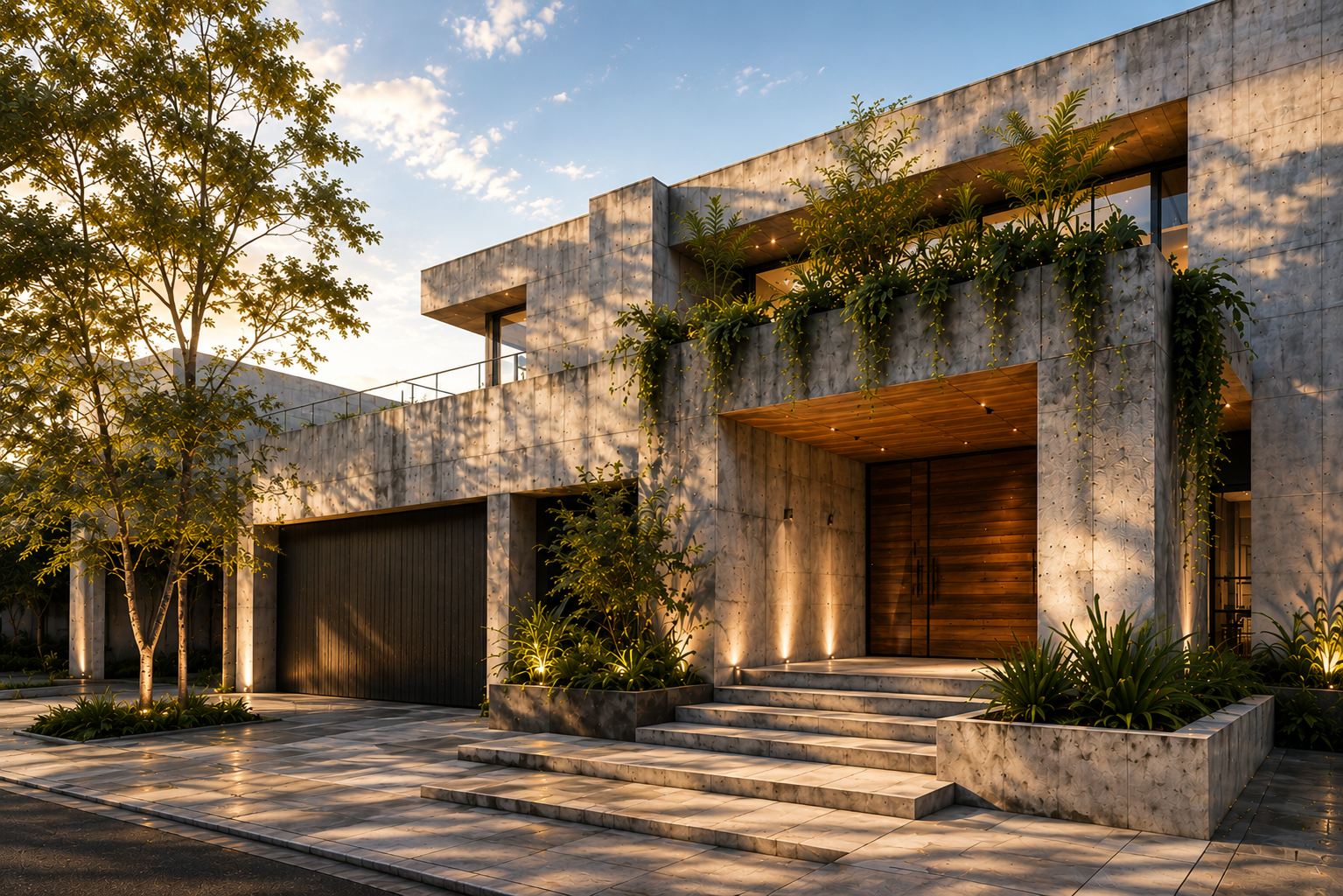 Arquitectura contemporánea con concreto, madera y vegetación